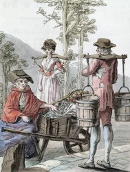 Camponeses ingleses que vendem frutas e leite de transporte, ilustração de "Encyclopédie des Voyages", gravada por Labrousse, 1796